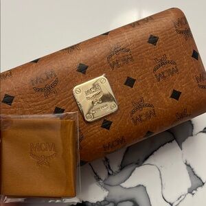 MCM Brown Hard Sunglasses Case Gold Accents with Cleaning Cloth